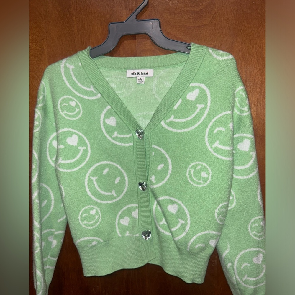 cardigan - green smile-face - girls size S 7/8 nik & leksi